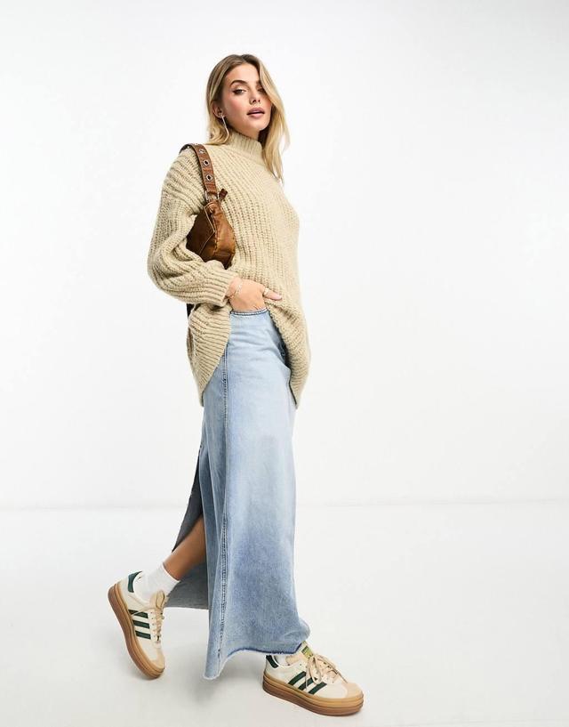 Monki high neck chunky rib knitted sweater with volume sleeve in beige Product Image