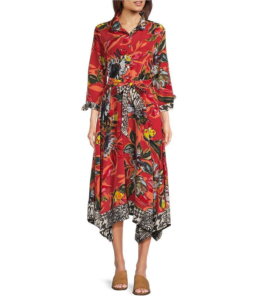 John Mark Woven Print Point Collar Neck 3/4 Sleeve Tie Belt Button Front Midi Dress Product Image