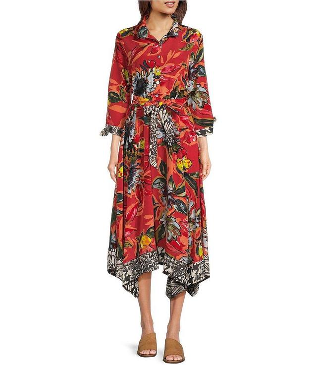 John Mark Woven Print Point Collar Neck 3/4 Sleeve Tie Belt Button Front Midi Dress Product Image