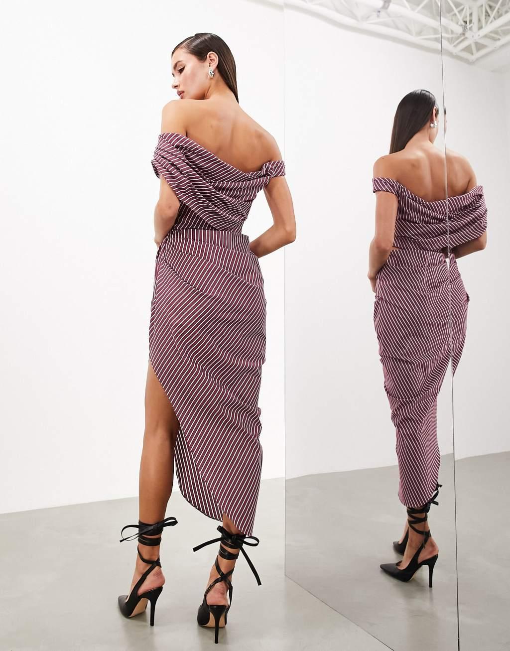 ASOS EDITION Grecian bardot midi dress in burgundy stripe Product Image