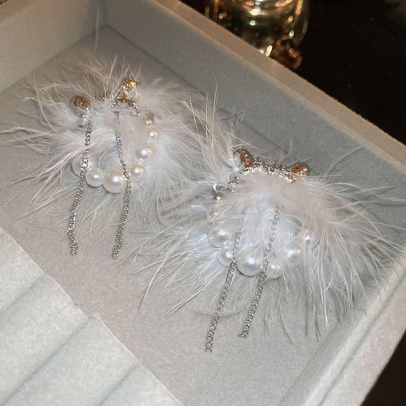 Feather Faux Pearl Fringed Drop Earring Product Image