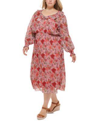 Plus Size Floral Chiffon Midi Dress Product Image