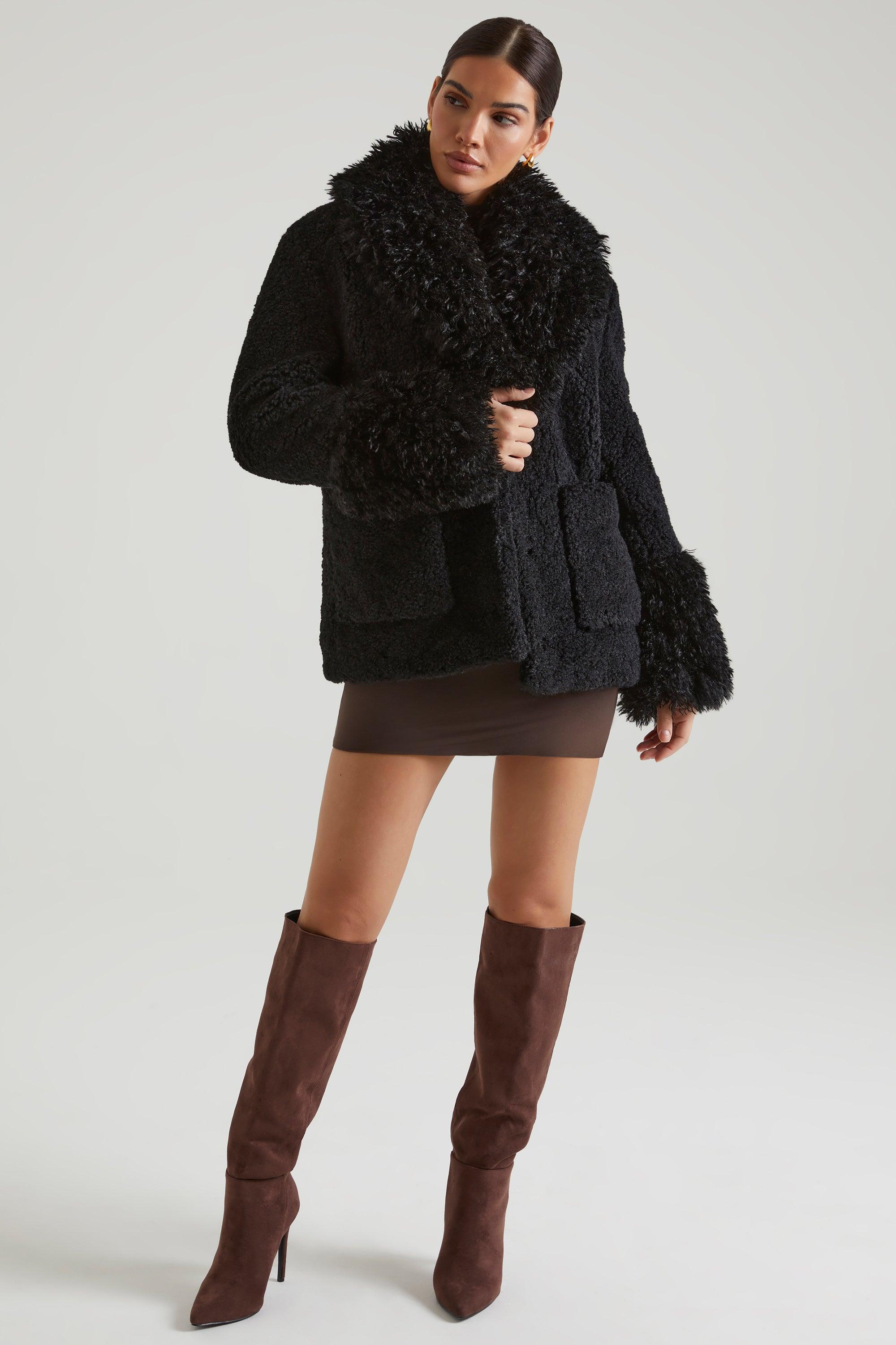 Shearling Coat with Large Front Pockets in Black Product Image