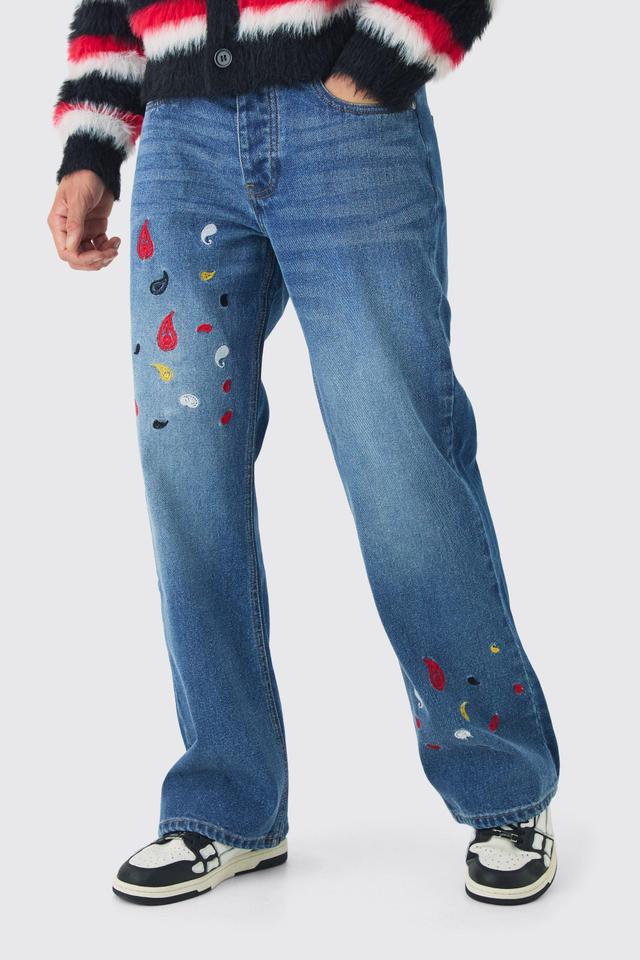 Relaxed Rigid Flare Paisley Embroidered Jeans | boohooMAN USA Product Image