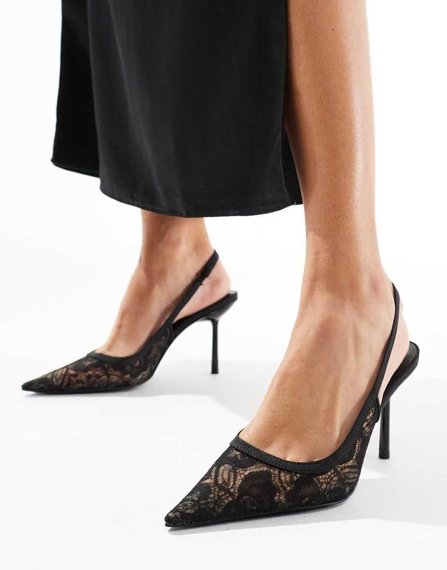 ASOS DESIGN Poser slingback high heeled shoes in black lace Product Image