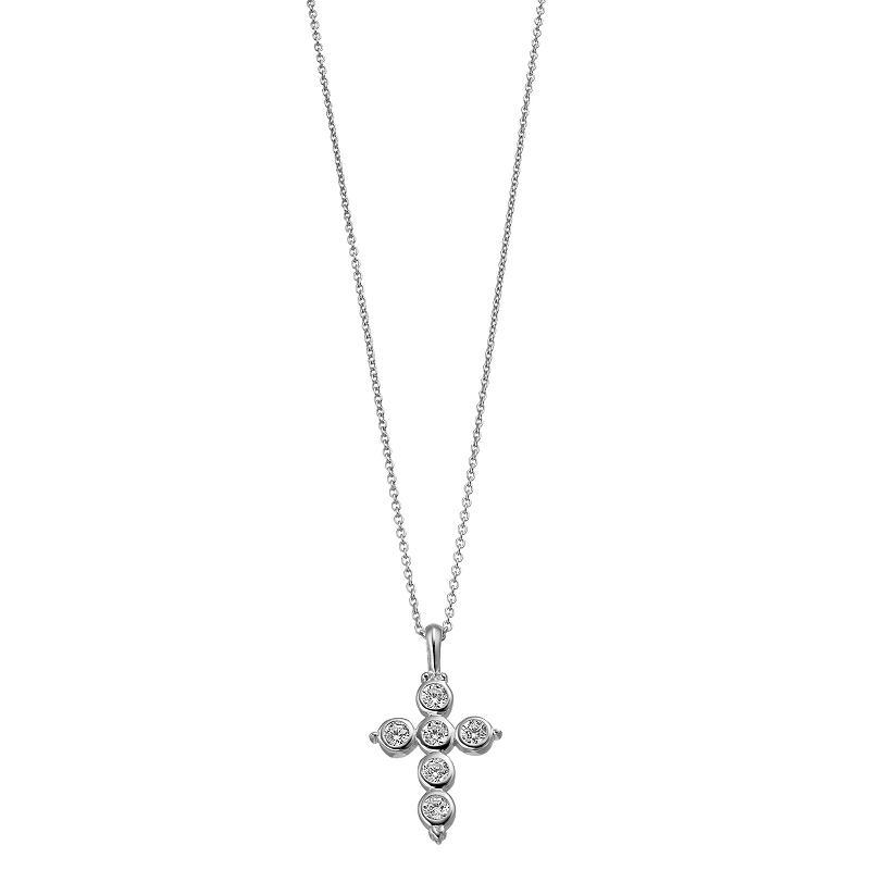 Rosabella Sterling Silver Cubic Zirconia Round Cross Pendant Necklace, Womens White Product Image