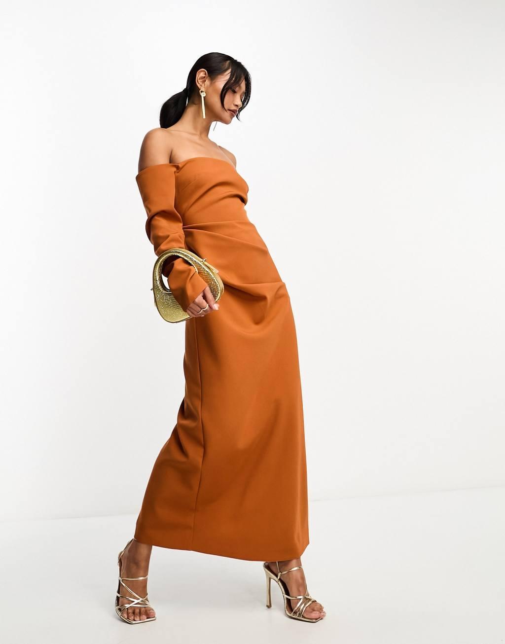 ASOS DESIGN bardot ruched sleeve midaxi dress in rust Product Image