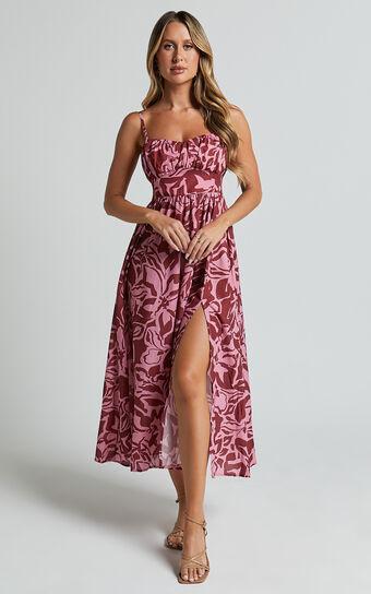 Lydie Midi Dress - Strappy Ruched Bust Shirred Back Dress in Whirlwind Floral Print Product Image