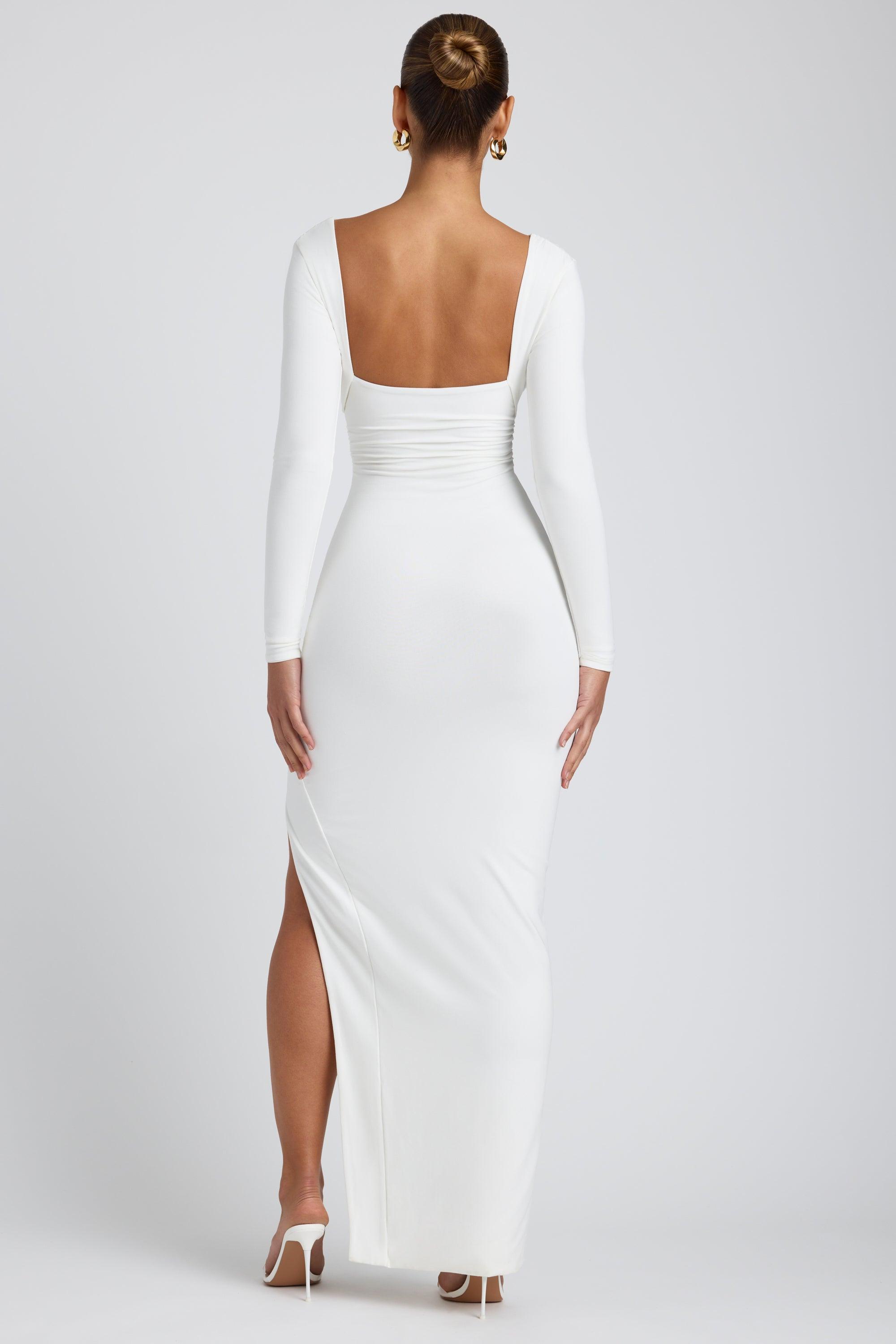 Modal Plunge Neck Long Sleeve Maxi Dress in White Product Image