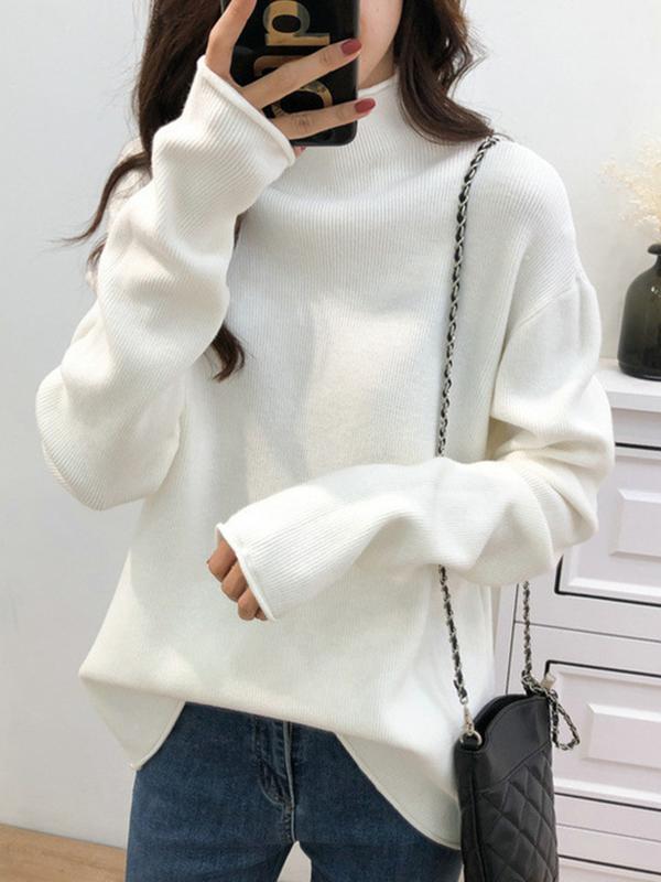 Casual Loose Long Sleeves Solid Color Half Turtleneck Sweater Tops Product Image