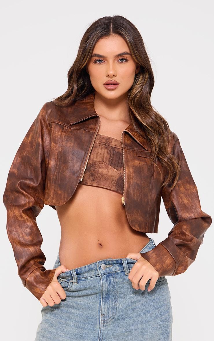 Brown Distressed Faux Leather Curved Hem Cropped Jacket Product Image