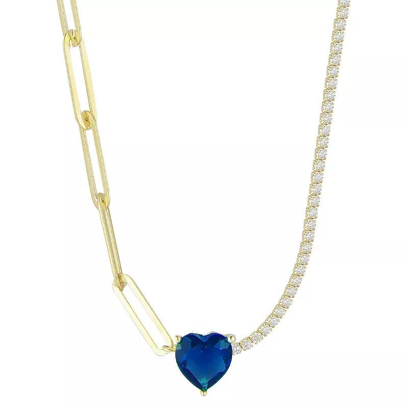 Sunkissed Sterling Cubic Zirconia Link & Tennis Heart Necklace, Womens Gold Tone Blue Product Image