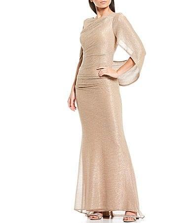 Betsy  Adam Drape Back Detail 34 Cape Sleeve Draped Round Neck Metallic Crinkle Ruched Sheath Gown Product Image