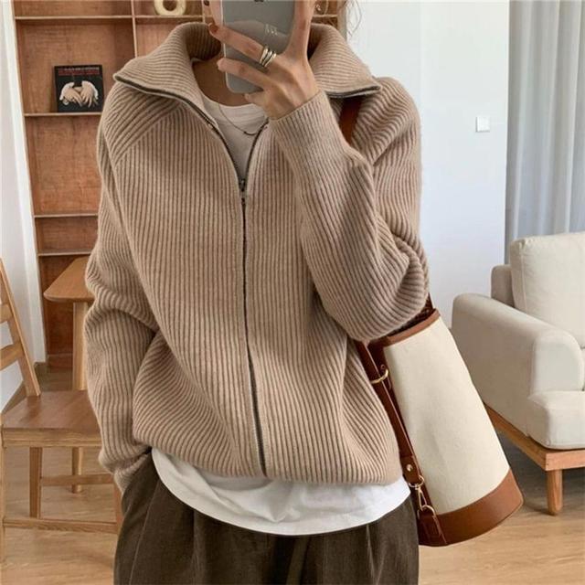 Plain Ribbed Zip Cardigan Product Image