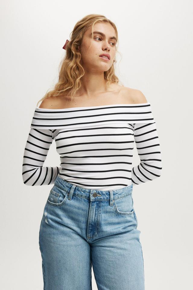 Cotton On Women - Staple Rib Off Shoulder Long Sleeve Top - Remi stripe white/black Product Image