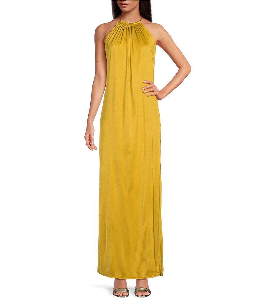 RONNY KOBO Estere Chain Gathered Halter Neck Sleeveless Side Slit Caftan Maxi Dress Product Image