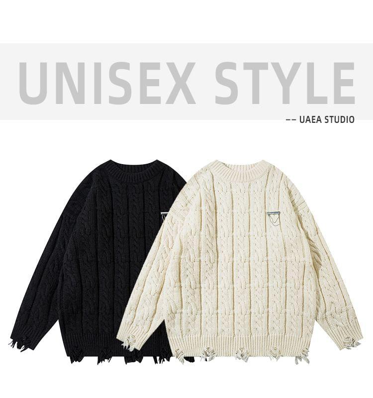 Couple Matching Crew Neck Plain Distressed Cable Knit Sweater Product Image