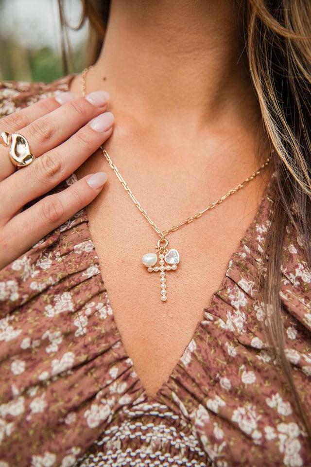 Pearl Studded Cross Charm Necklace Product Image