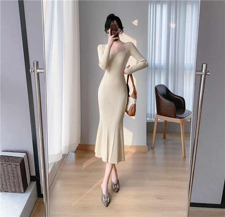 Long-Sleeve Square Neck Plain Ribbed Midi Mermaid Knit Dress Product Image