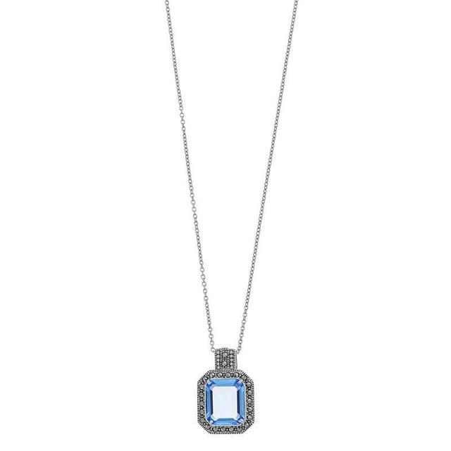 Lavish by TJM Sterling Silver Octagon Cut Lab Created Blue Quartz & Marcasite Pendant Necklace, Womens Product Image