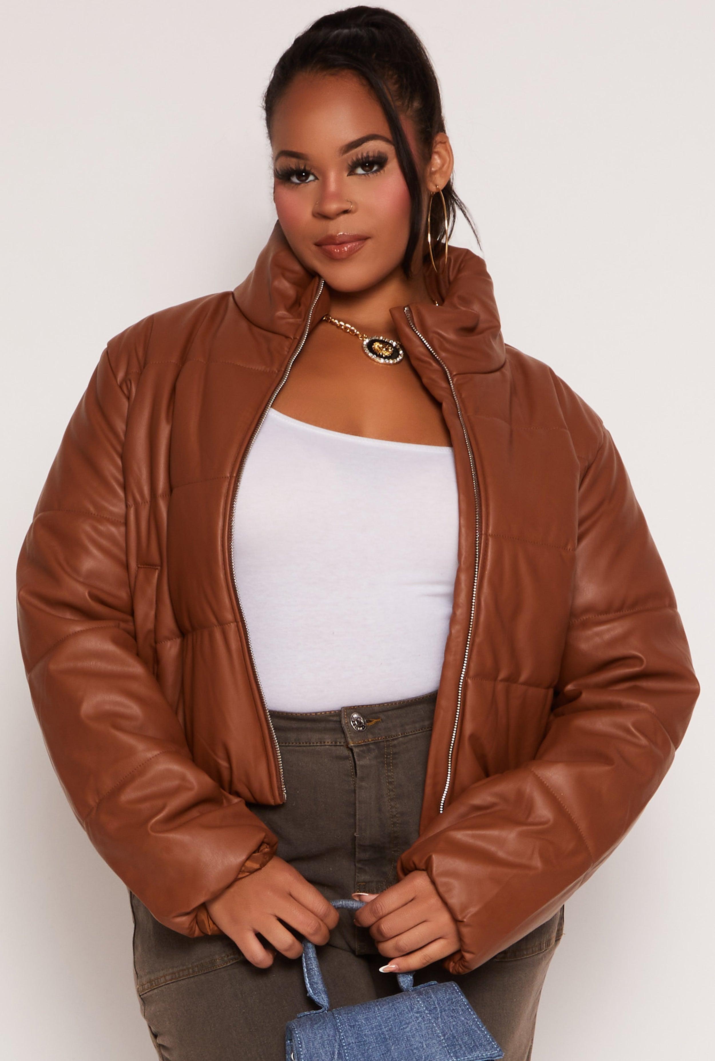 Womens Plus Size Faux Leather Zip Front Long Sleeve Puffer Jacket Product Image