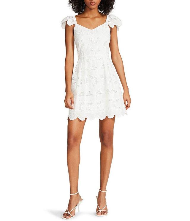 Steve Madden Sierra Embroidered Floral V-Neck Short Flutter Sleeve Scalloped Dress Product Image