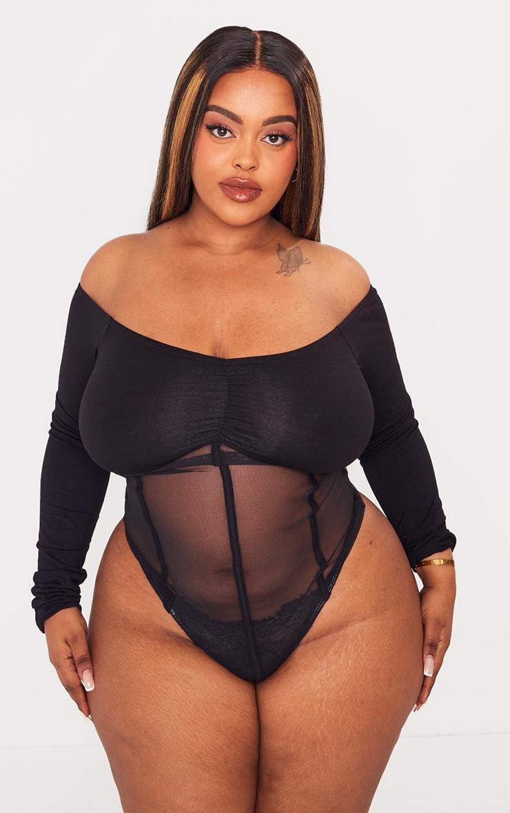 Plus Black Jersey Mesh Panel Corset Long Sleeve Bodysuit Product Image