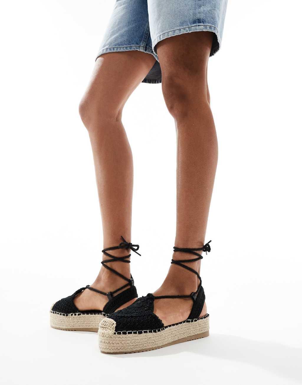 Glamorous crotchet flat espadrilles in black Product Image