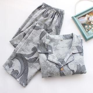 Pajama Set: Long-Sleeve Lapel Collar Jacquard Button Top + Pants Product Image