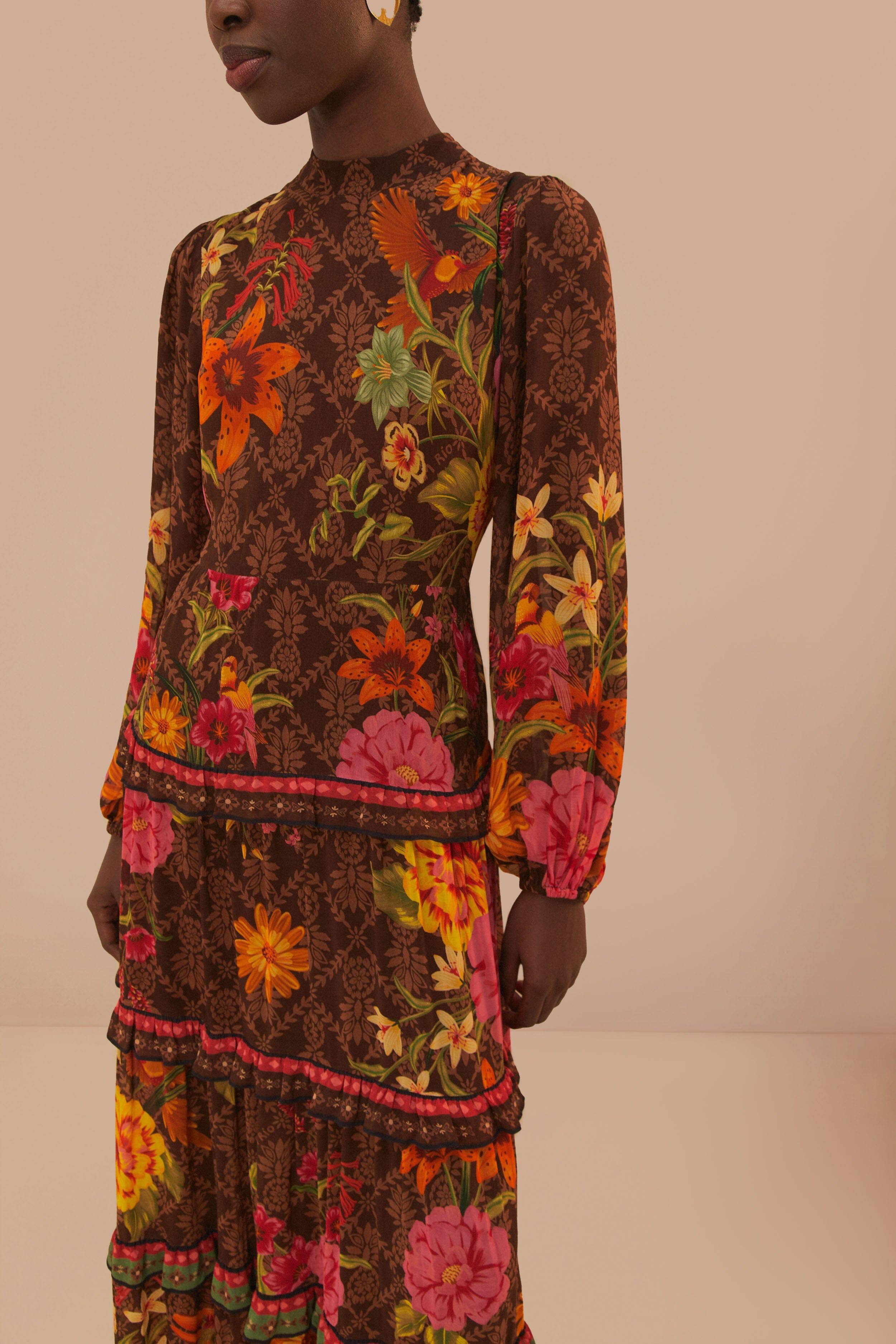 Brown Charming Garden Long Sleeve Maxi Dress Product Image