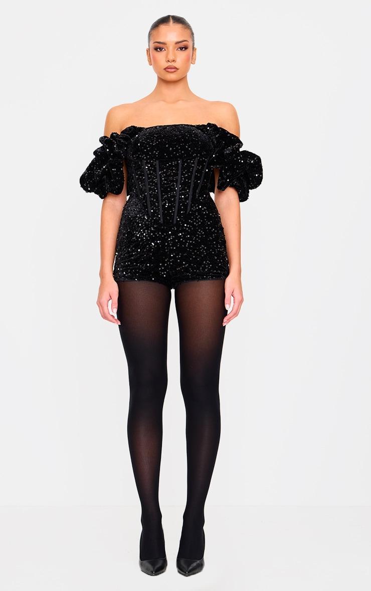 Black Velvet Sequin Puff Sleeve Romper Product Image