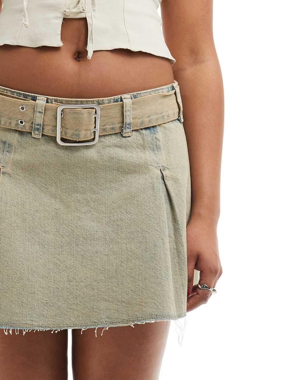 Mango belted mini denim skirt in washed blue - part of a set Product Image