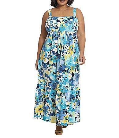 London Times Plus Size Floral Print Sleeveless Square Neck Smocked Back Cotton Tiered Maxi Dress Product Image