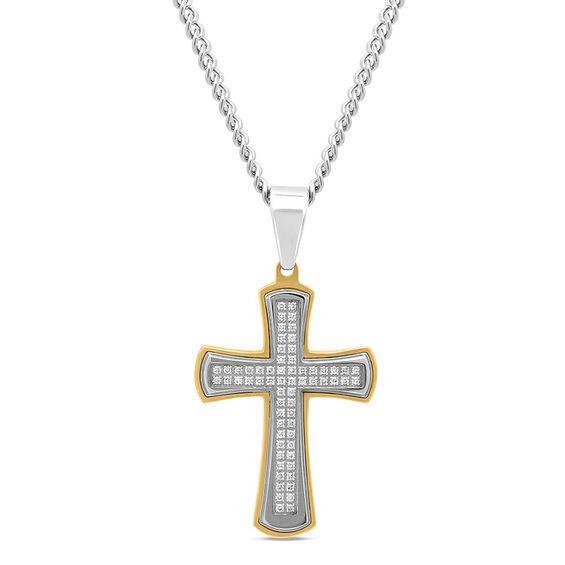 Men's 1/2 CT. T.w. Diamond Double Row Cross Pendant in Two-Tone Stainless Steel - 24" Product Image