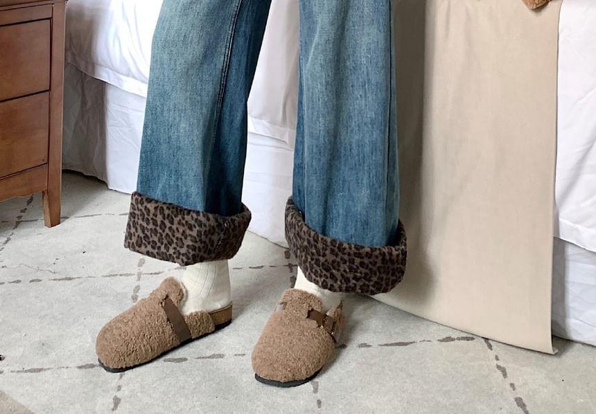 High Rise Leopard Print Panel Fleece-Lined Washed Wide Leg Jeans Product Image