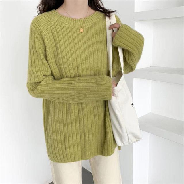 Round Neck Plain Ribbed Sweater Product Image