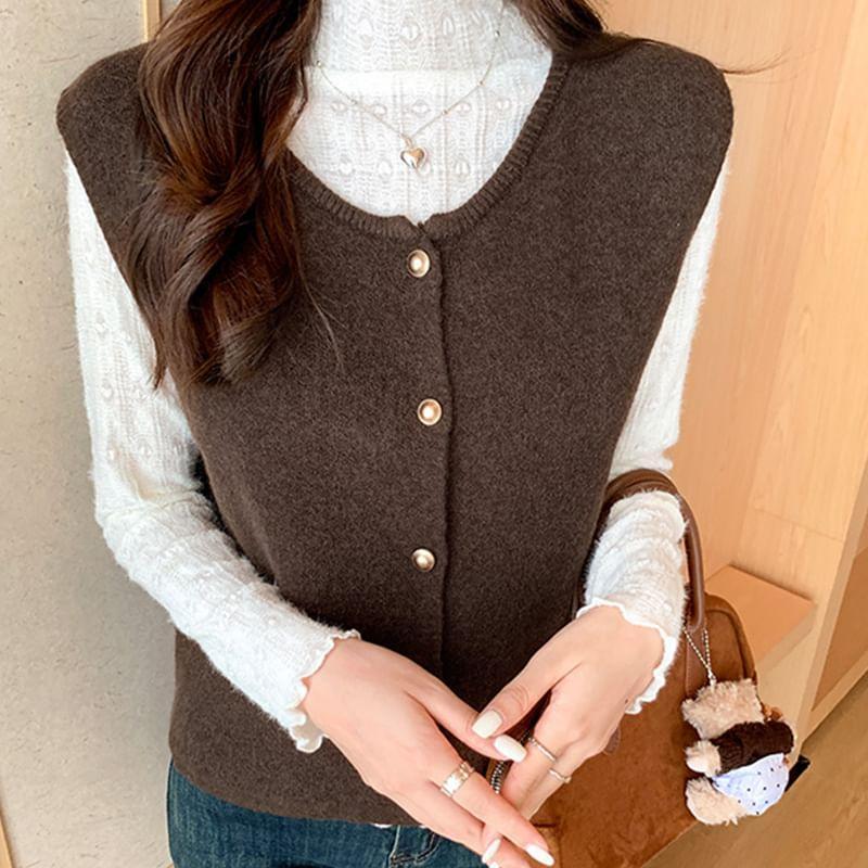 Round Neck Button Up Plain Sweater Vest Product Image