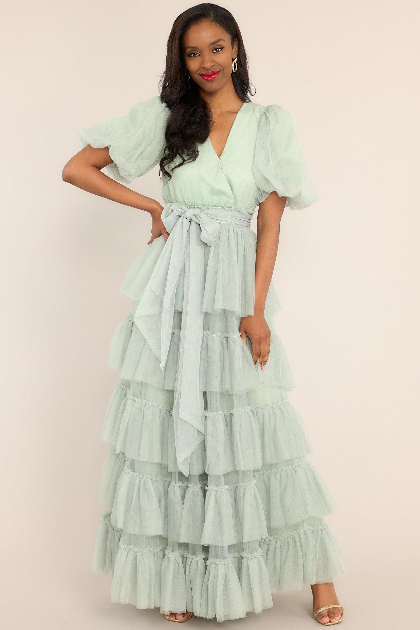 A Beautiful Feeling Seafoam Tiered Tulle Maxi Dress Product Image