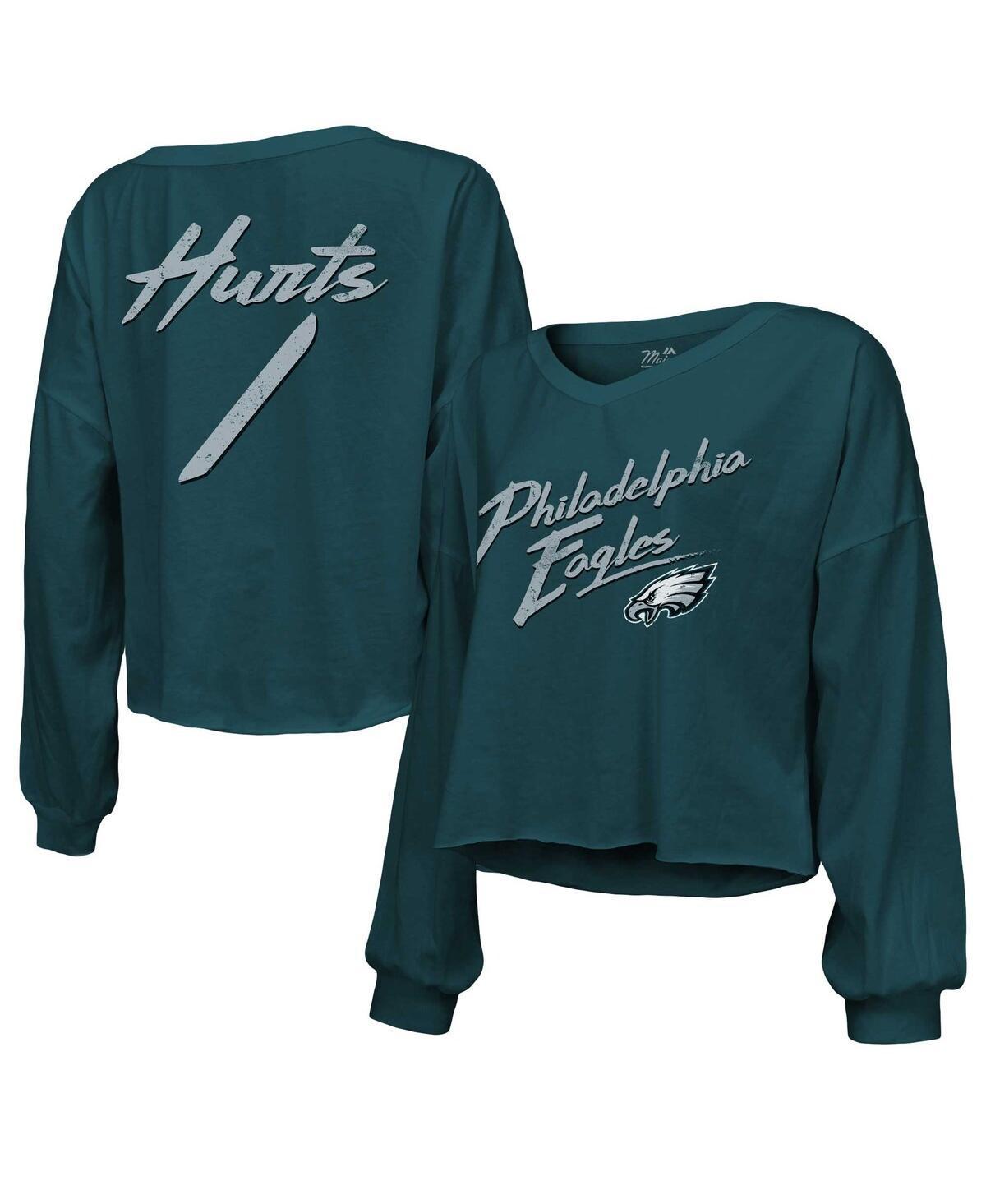 Womens Majestic Threads Jalen Hurts Midnight Green Philadelphia Eagles Name and Number Off-Shoulder Script Cropped Long Sleeve V-Neck T-shirt Product Image