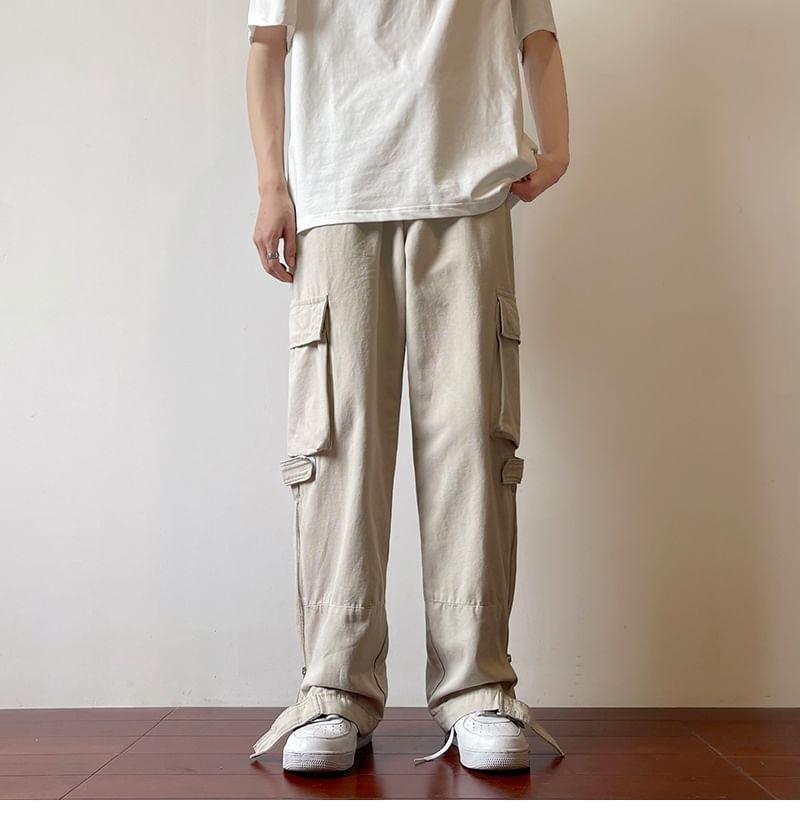 Mid Rise Plain Zip Slit Loose Fit Cargo Pants Product Image