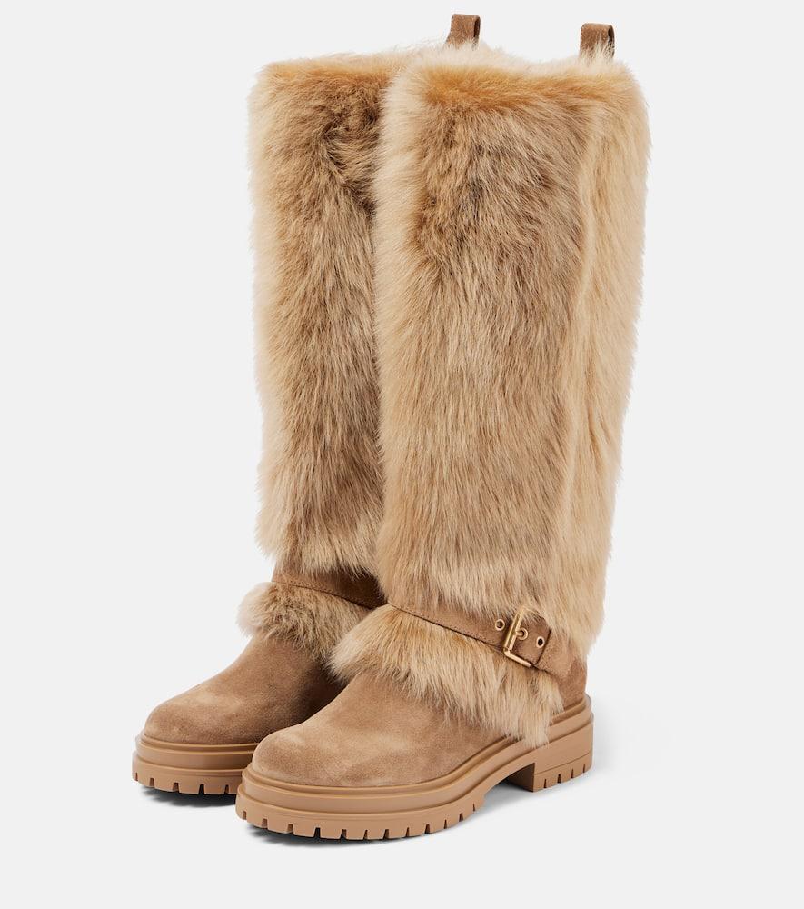 Shearling-trimmed Suede Knee-high Boots In Beige Product Image