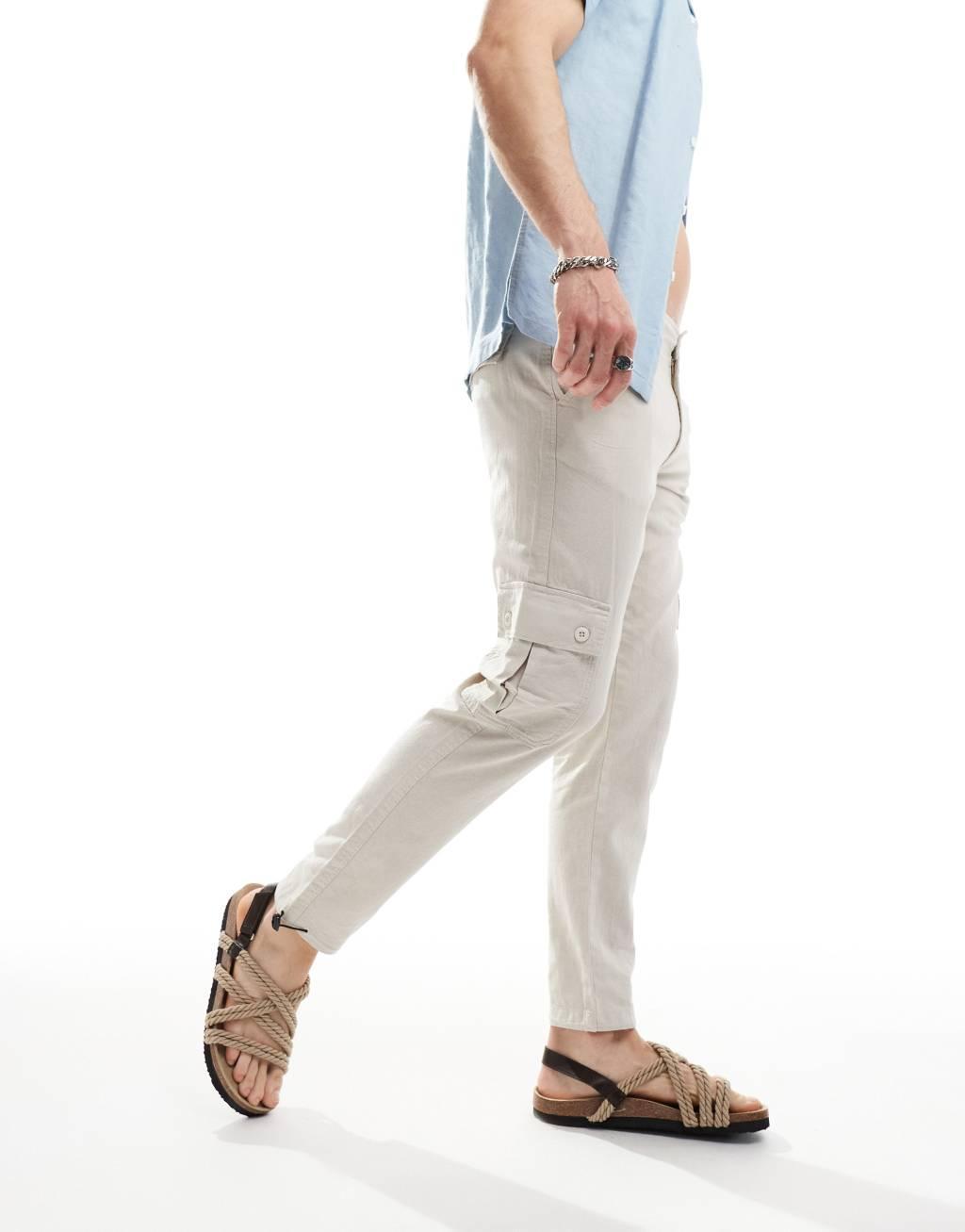 ASOS DESIGN tapered cargo linen pants in washed stone Product Image