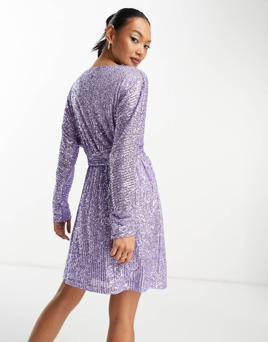 ASOS DESIGN sequin wrap mini dress with belt in lilac Product Image