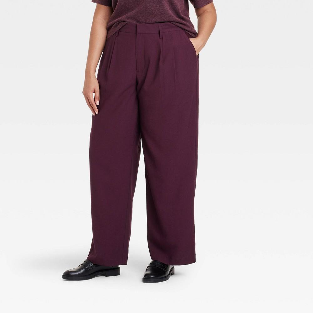 Womens High-Rise Pleat Front Straight Trousers - A New Day Burgundy 17 Long Product Image