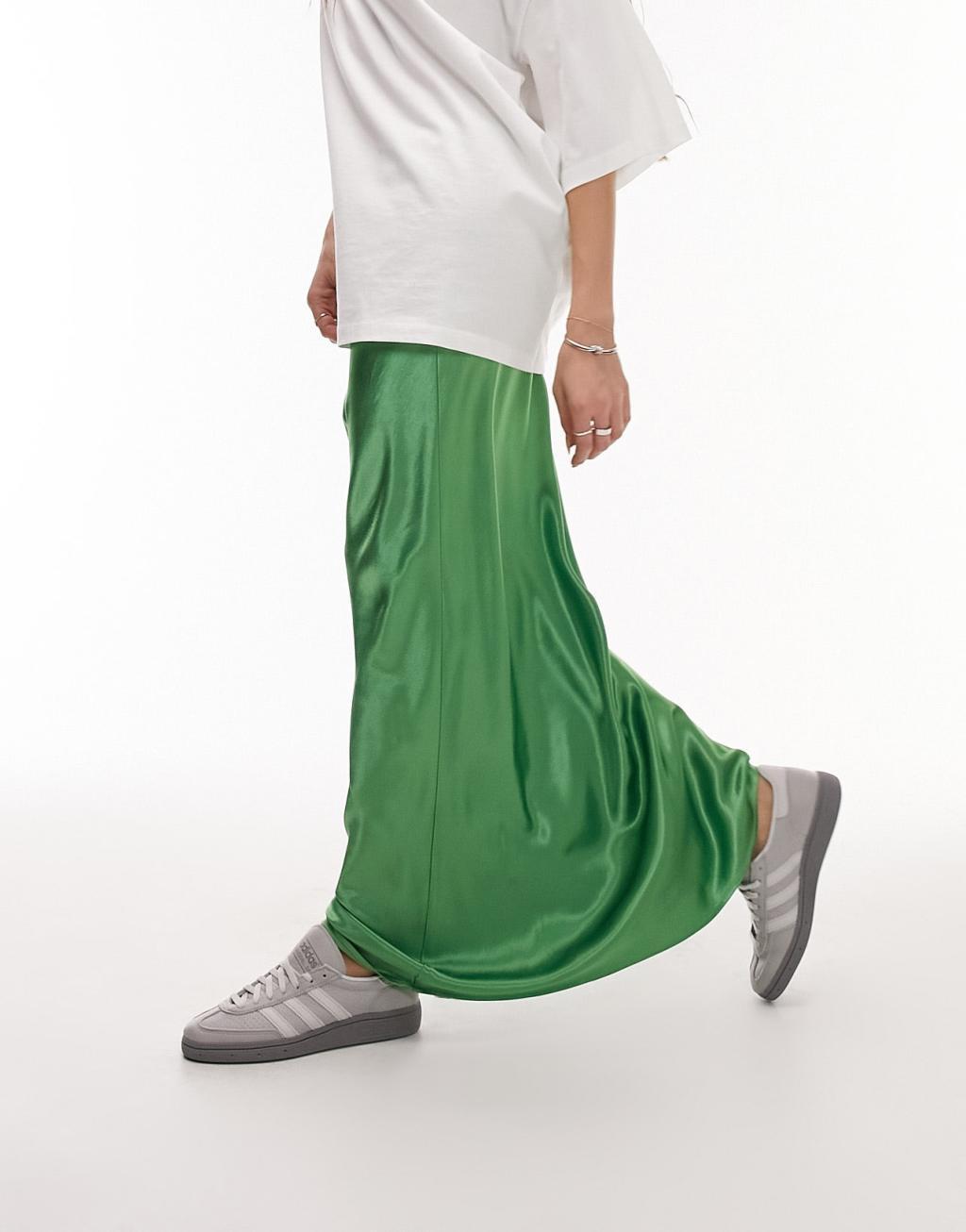 Topshop satin bias maxi skirt in opal green Product Image