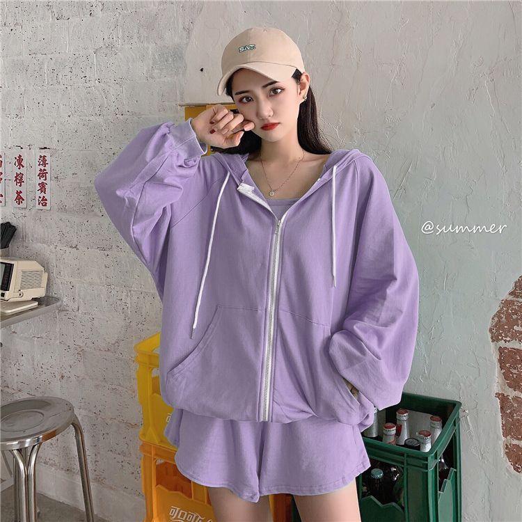 Set: Cropped Camisole Top + Drawstring Shorts + Zip-Up Hoodie Product Image