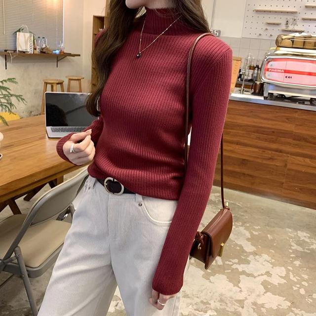 Mock Neck Plain Ribbed Sweater Product Image