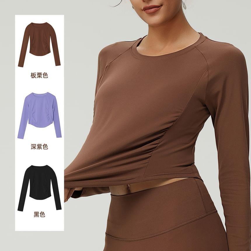 Long Sleeve Round Neck Plain Ruched Yoga T-Shirt Product Image