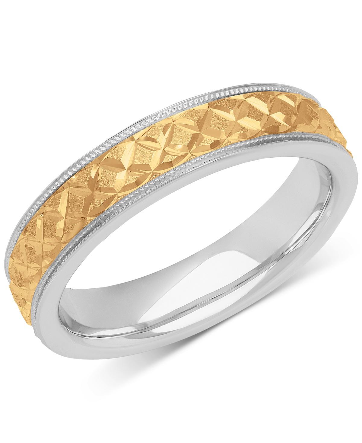 Mens Quilt Carved Two-Tone Wedding Band in Sterling Silver & 18k Gold-Plate Product Image