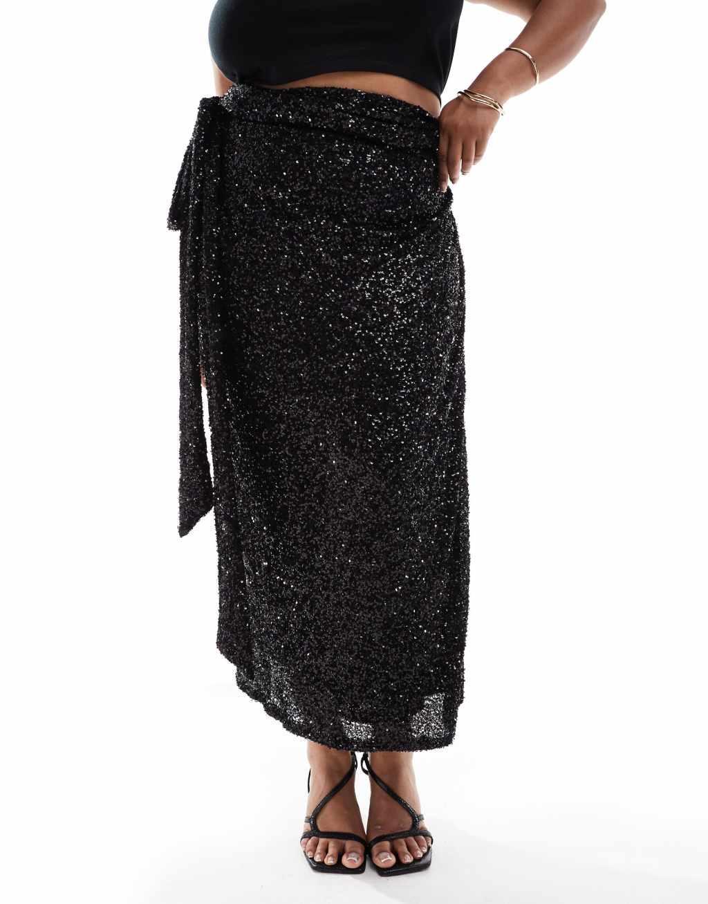 Never Fully Dressed Plus Jaspre sequin wrap maxi skirt in black  Product Image